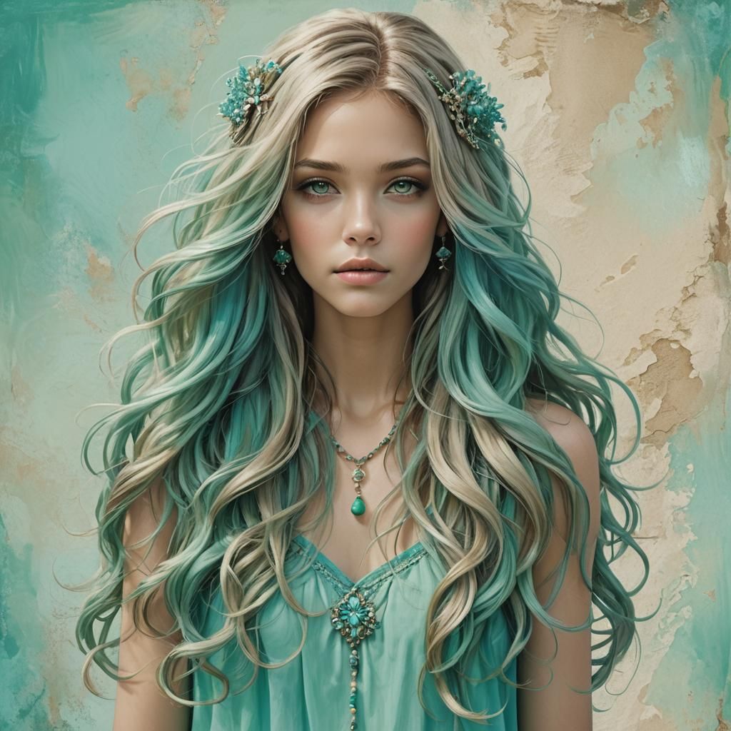 Turquoise-Haired Woman in Seafoam Green: 3D Anime Art