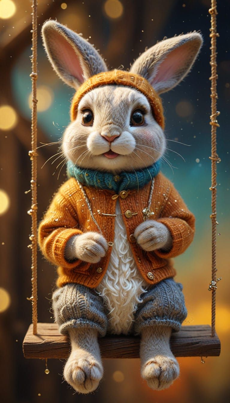 Whimsical Felted Rabbit on Golden Swing