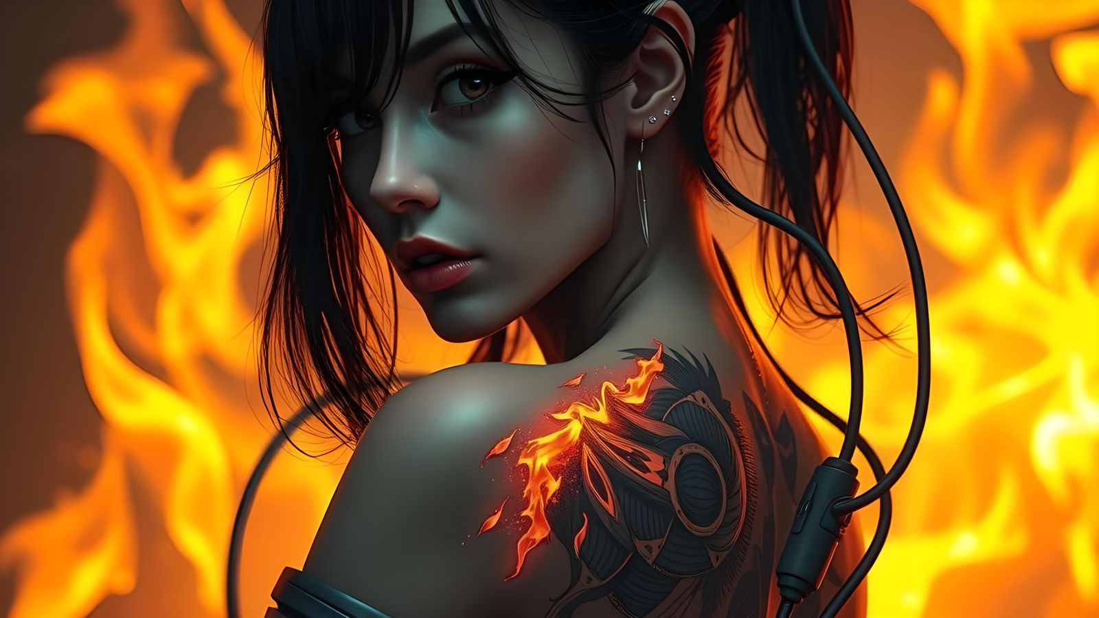 Cyberpunk Anime Woman with Flame Tattoo