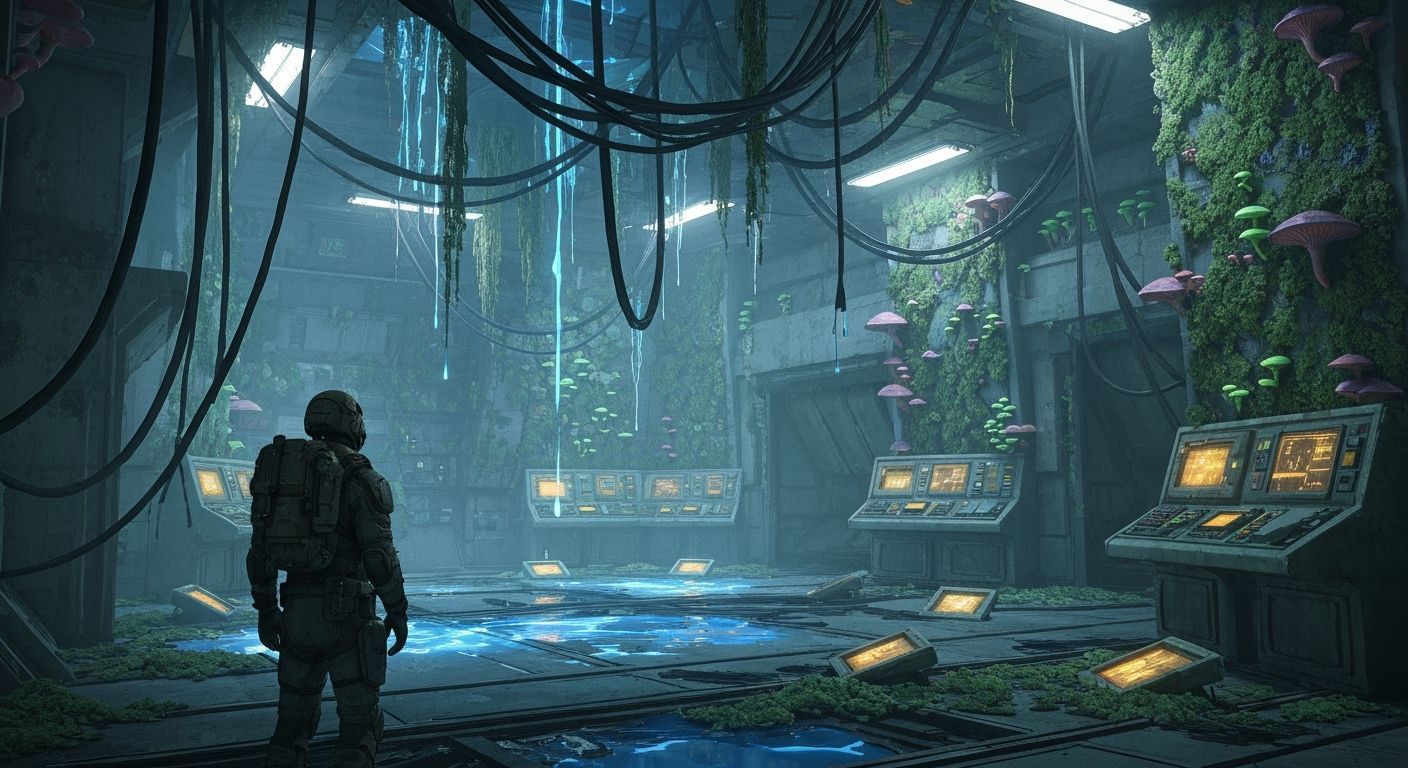Explorer in Derelict Hangar with Glowing Flora
