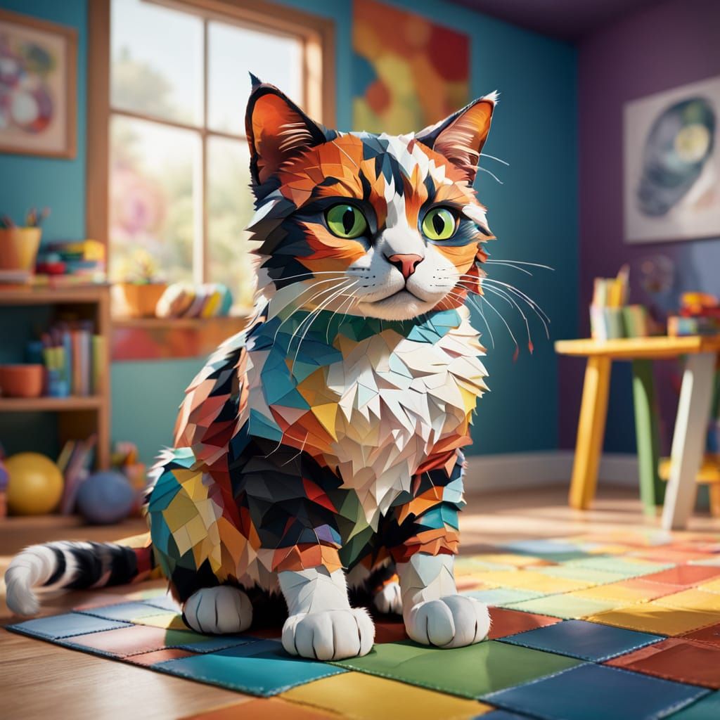 Vibrant Calico Cat in Whimsical Playroom Scene
