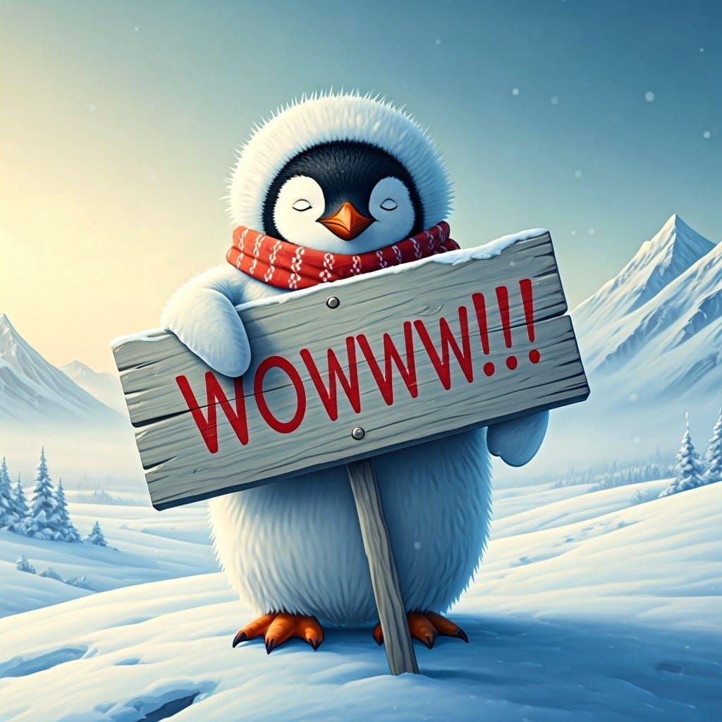 Cozy Penguin Hugs Whimsical Snowy Sign