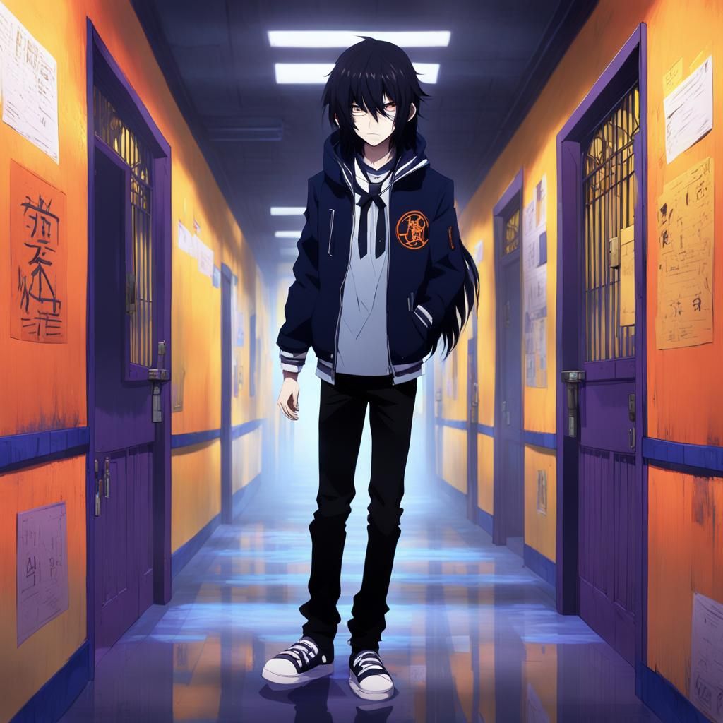 Eerie School Hallway: Anime Boy in Danganronpa Style