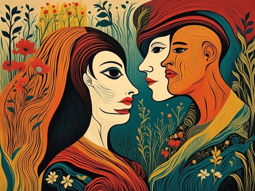Abstract Woodcut Couple in Modern Art Style