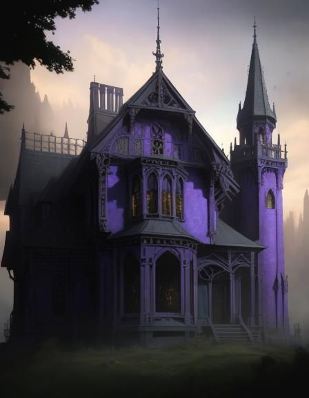 Realistic vibrant purple Gothic house& hyperdetailed intricately detailed cool colors gothic art hyperrealism photoreali...