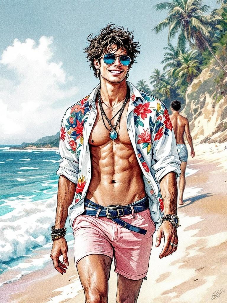 Gay Latino Man Walking on Beach in Colorful Style