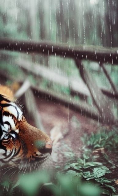 Tiger Portrait in Rainy Forest with Bokeh Lighting