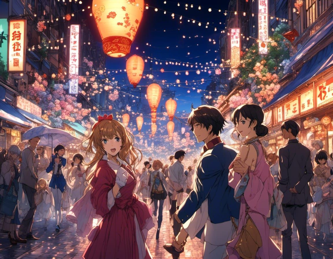 Anime New Year Celebration with Fireworks