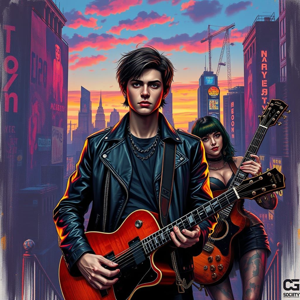 Young Musician in Leather Jacket Enjoys Street Art Cityscape