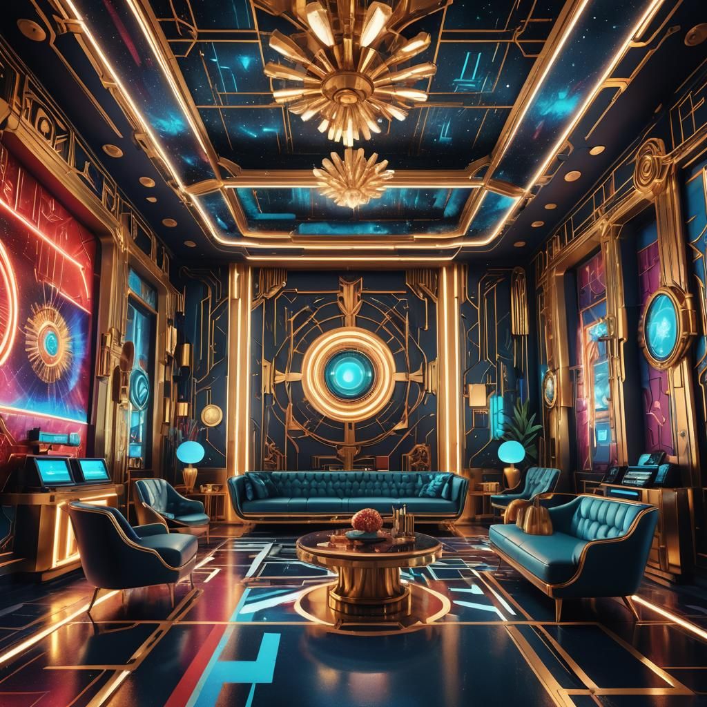 Futuristic Art Deco Room with Neon Lighting