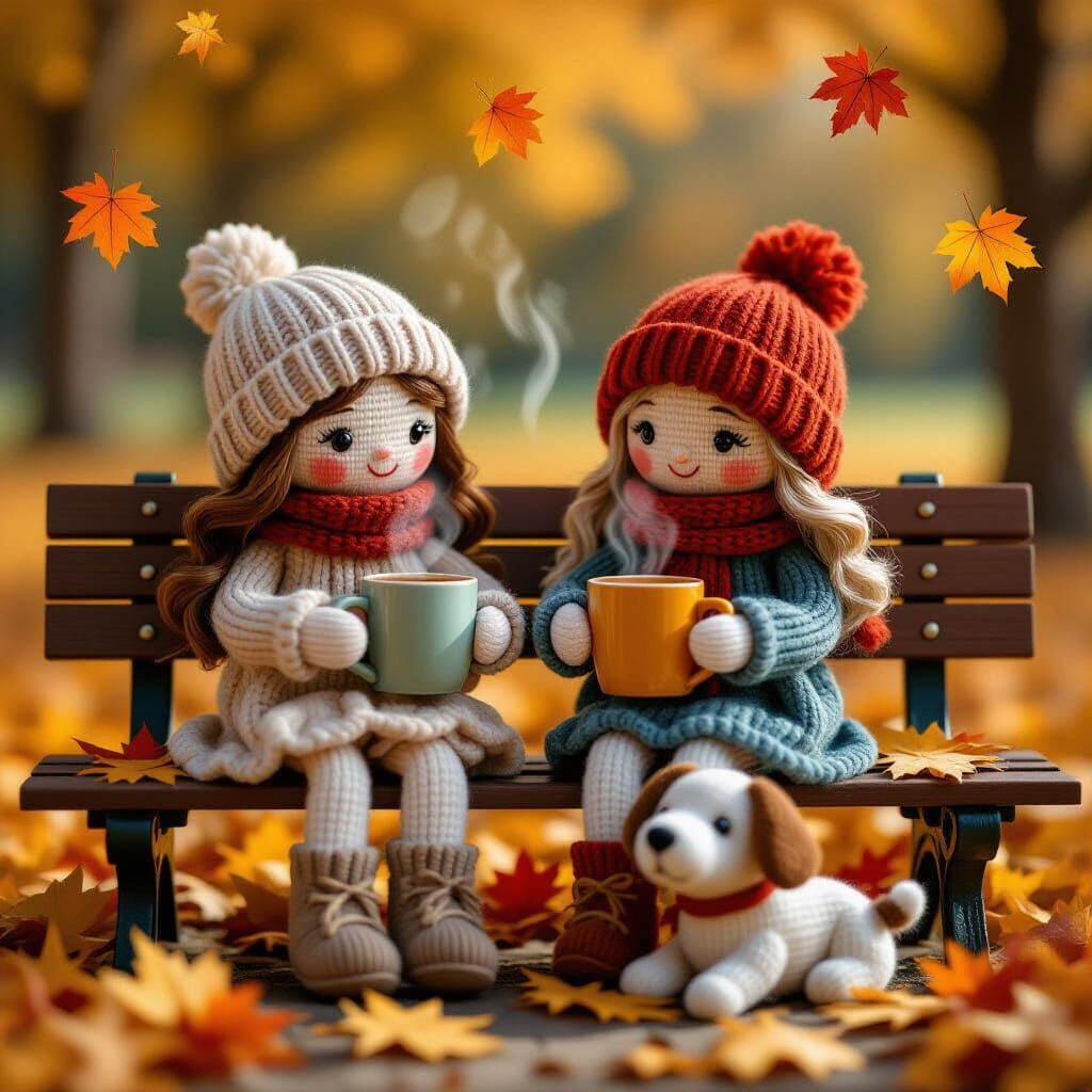 Cozy Knitted Dolls in Autumn Park Scene
