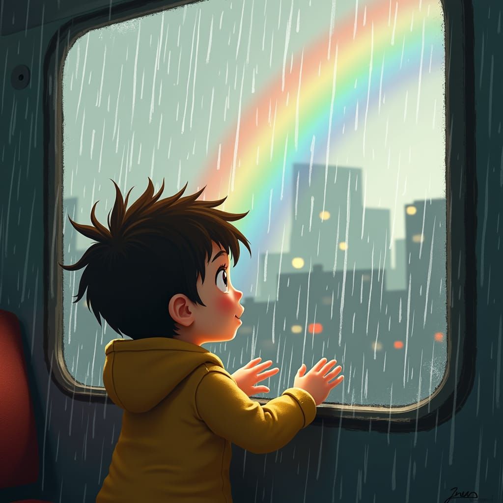Boy Mesmerized by Rainbow in Rainy Cityscape