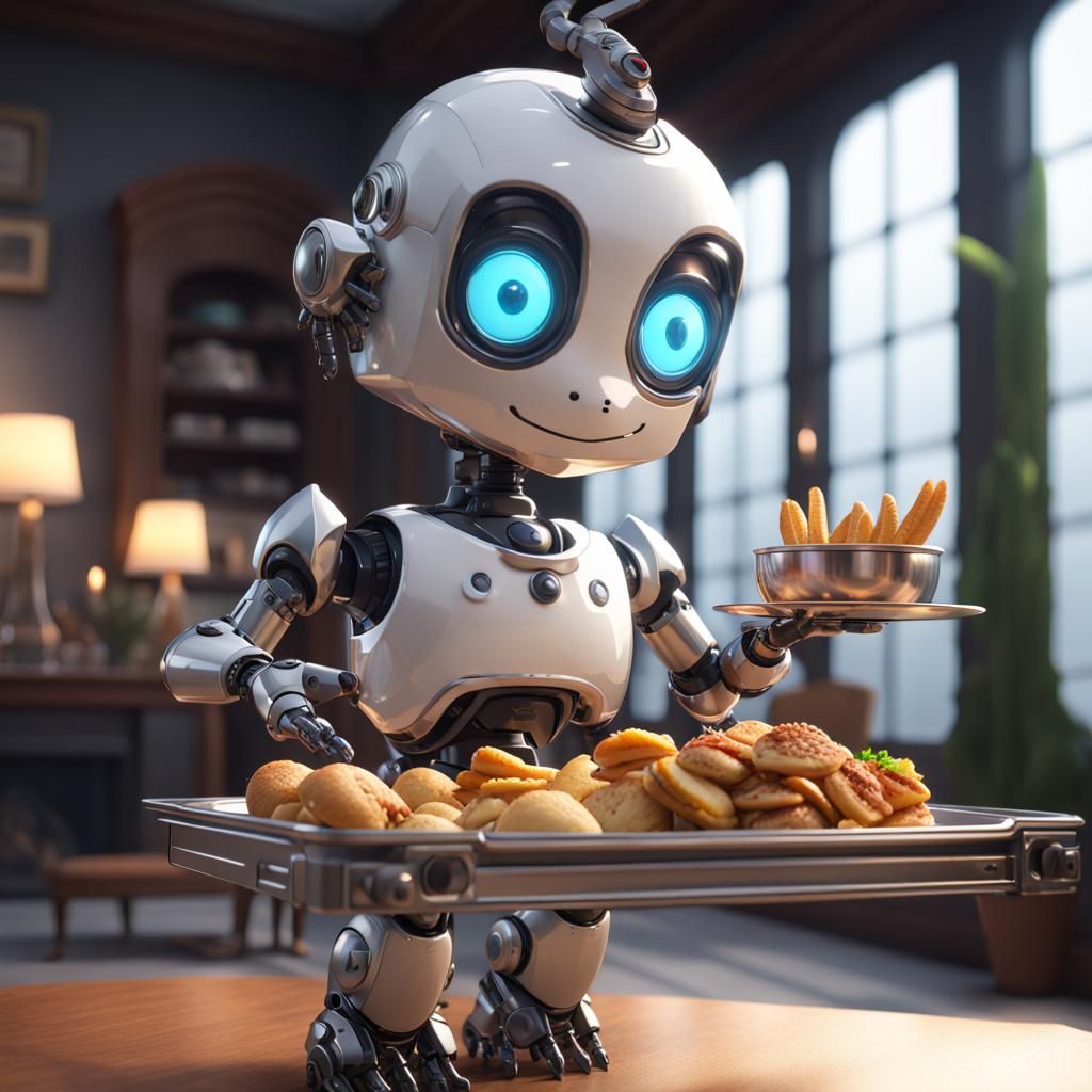 Cute Robot Butler Serving Dragon Snacks