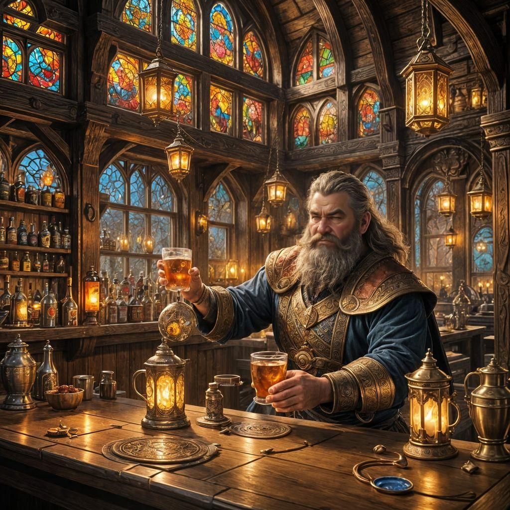 Dwarven Bartender Portrait in High Fantasy Tavern