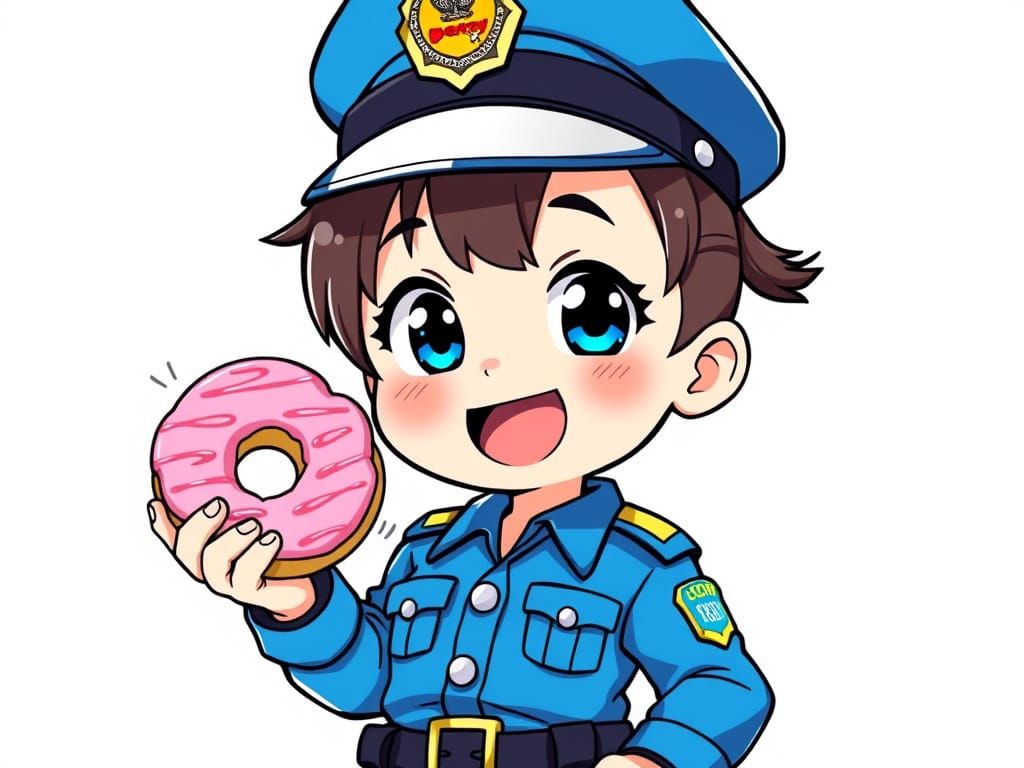 Anime Chibi Cop with Donut in Pastel Colors