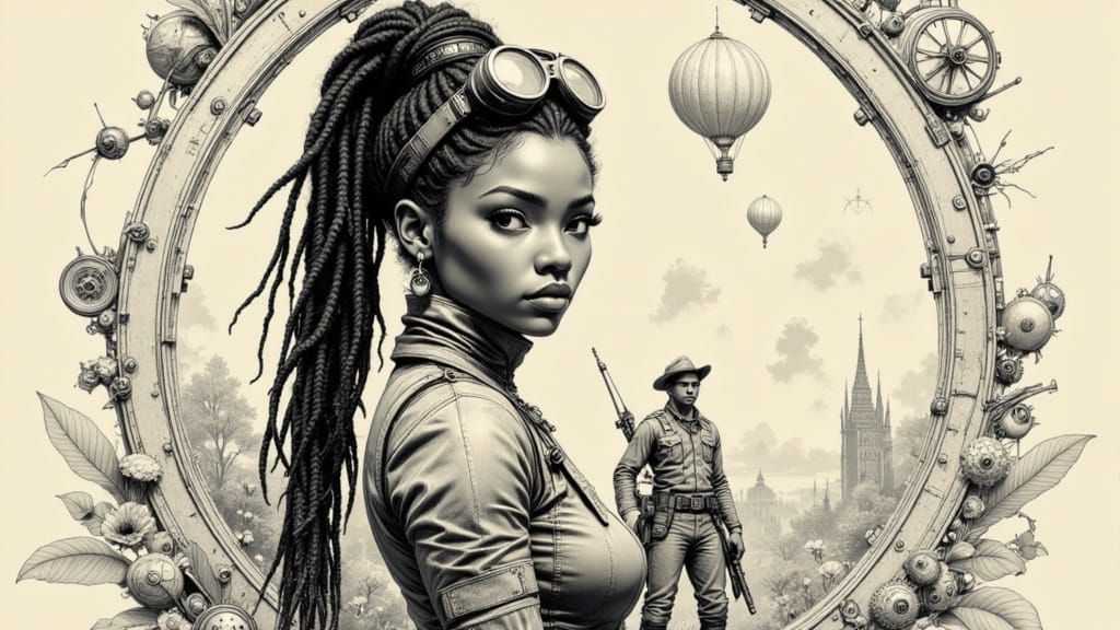 Monochrome Steampunk Woman in Retro-Futuristic Sci-Fi