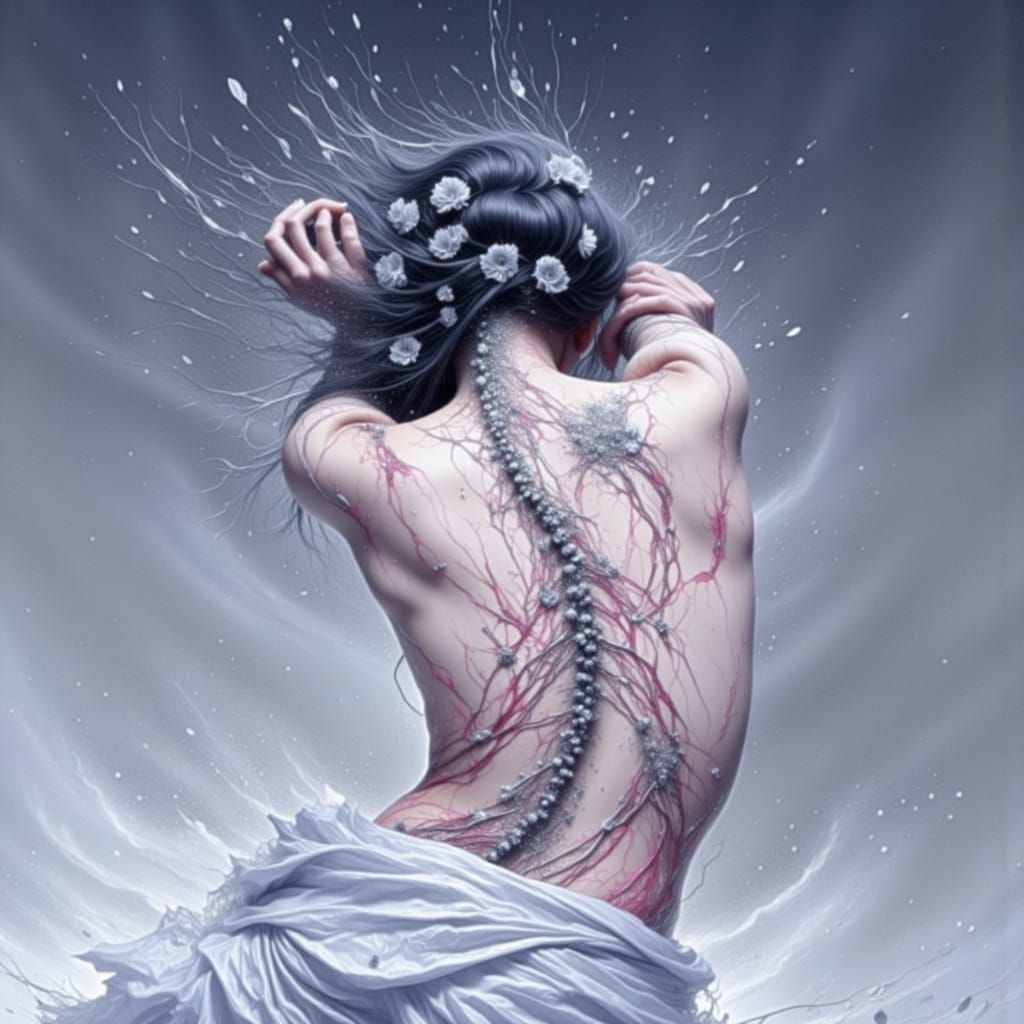 Woman Stitches Spine with Gold Thread in Somber Style