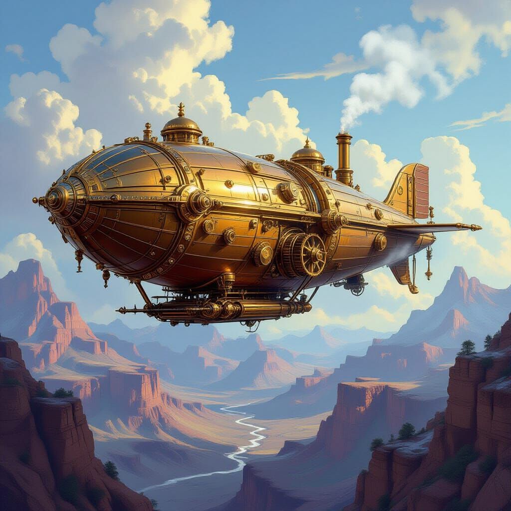 Steampunk Airship Over Alien Mountains