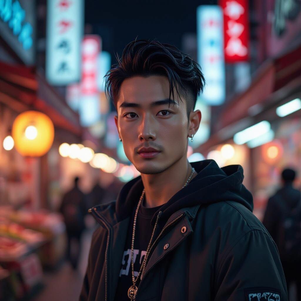 Japanese Man in Tokyo Market, Photorealistic Style