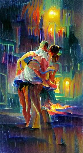 Couple Dancing in Neon Rain, Watercolour Style