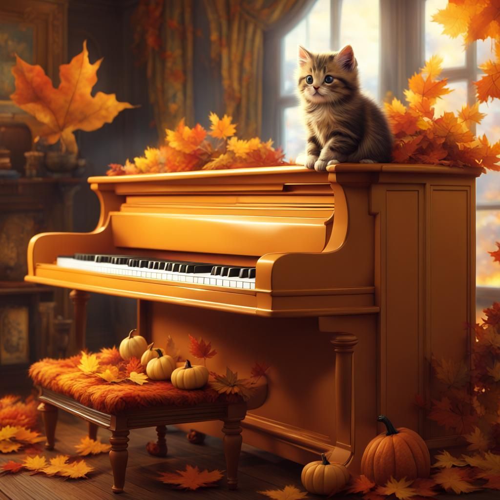Tortoiseshell Kitten Plays Piano in Autumn House