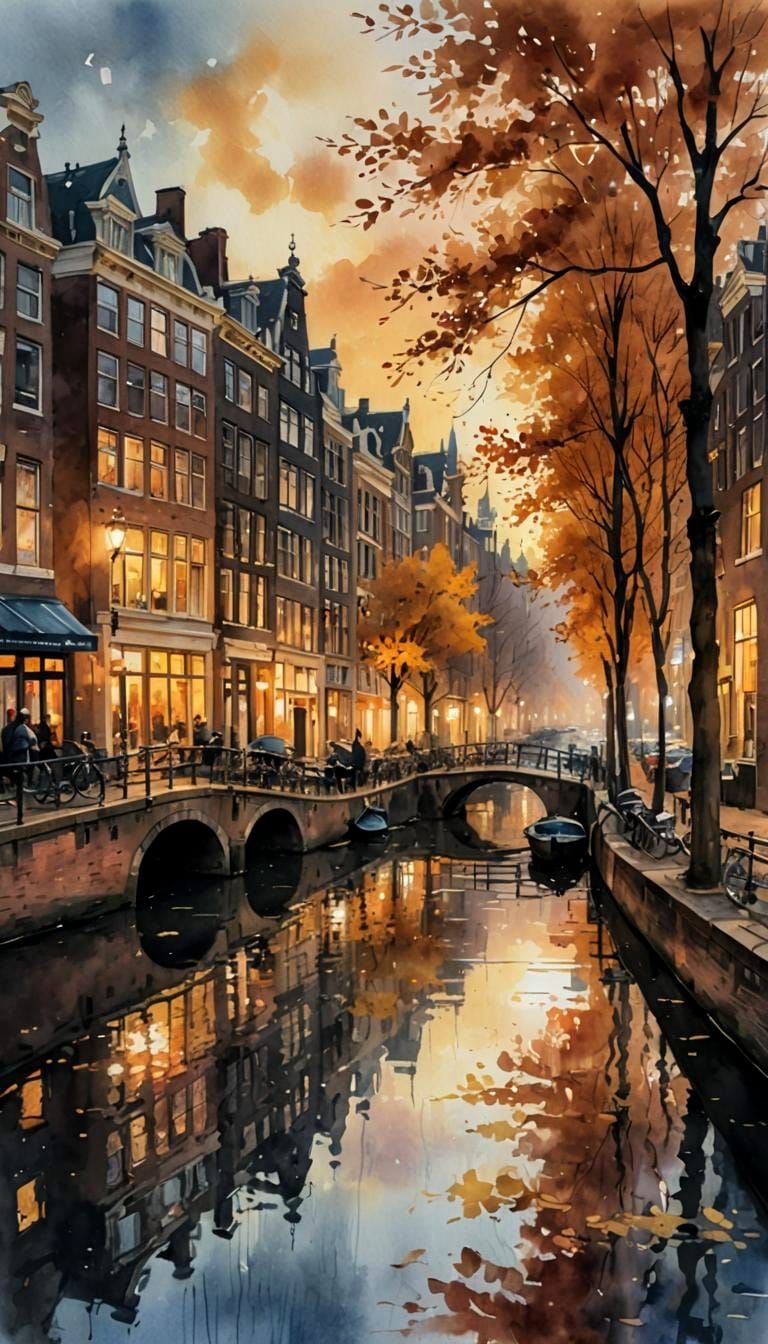 Amsterdam Canals at Twilight in Watercolor