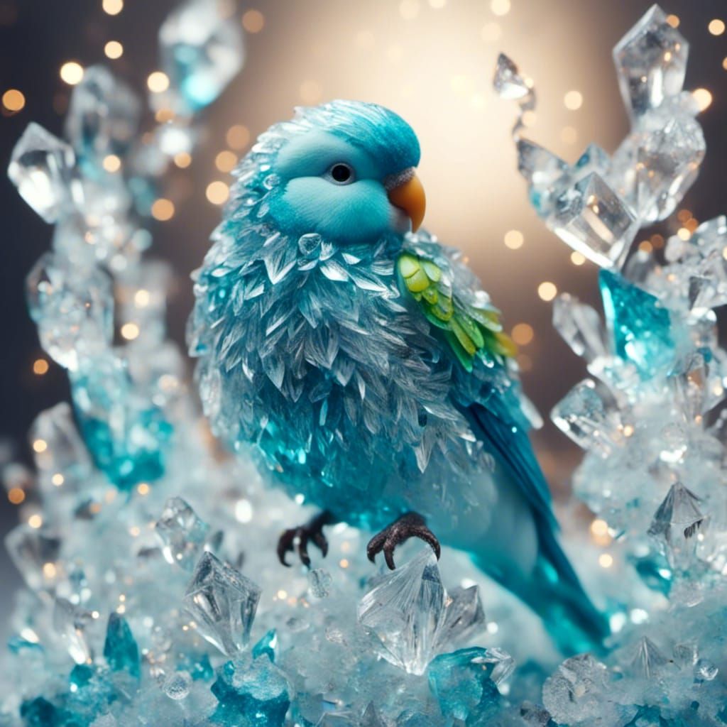 Colorful Parakeets in Crystal Cinematic Photography