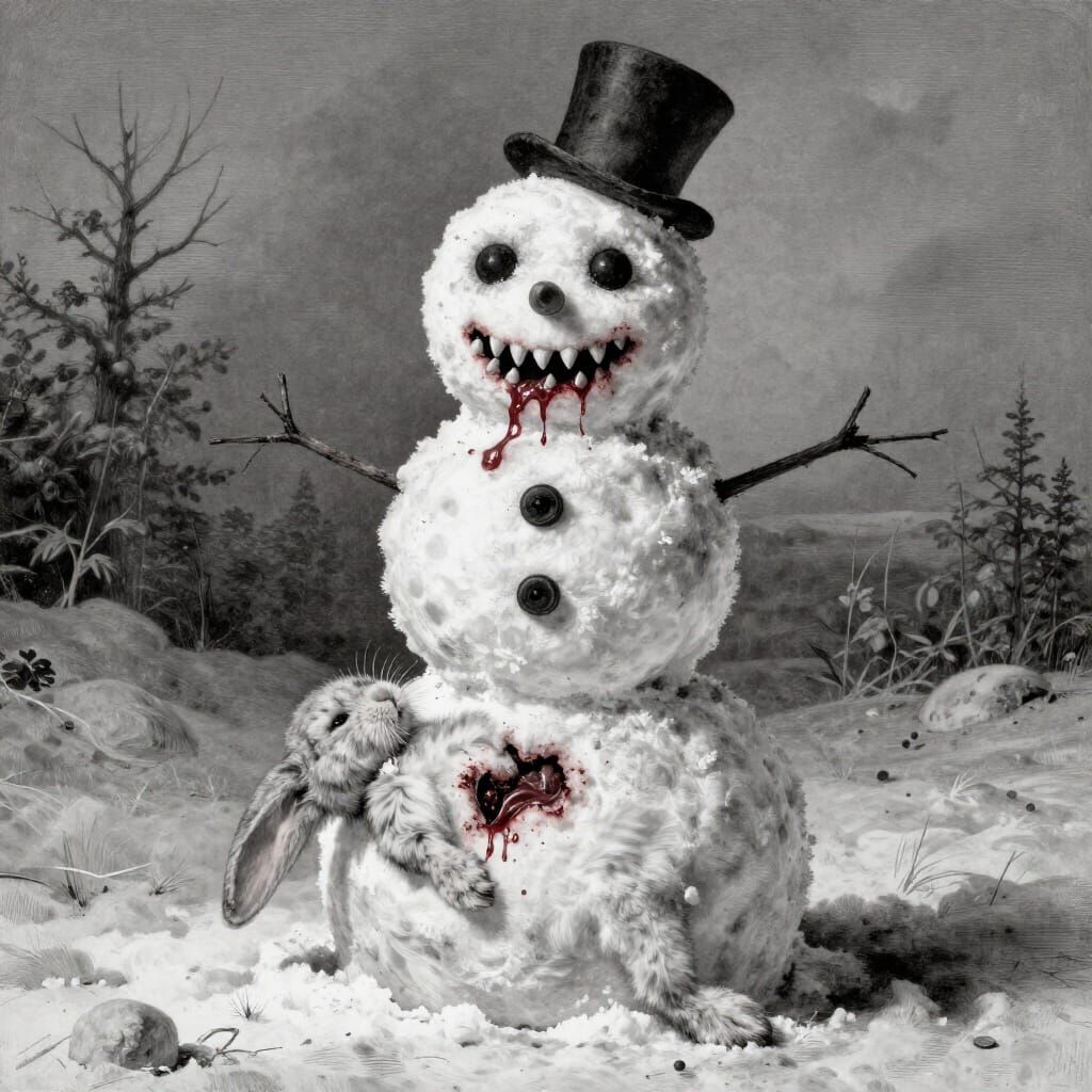 Horror Snowman with Dead Bunny in Gustave Doré Style