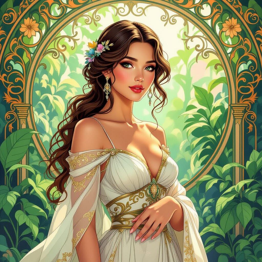 Opaline Woman in Lush Environment, Art Nouveau Style