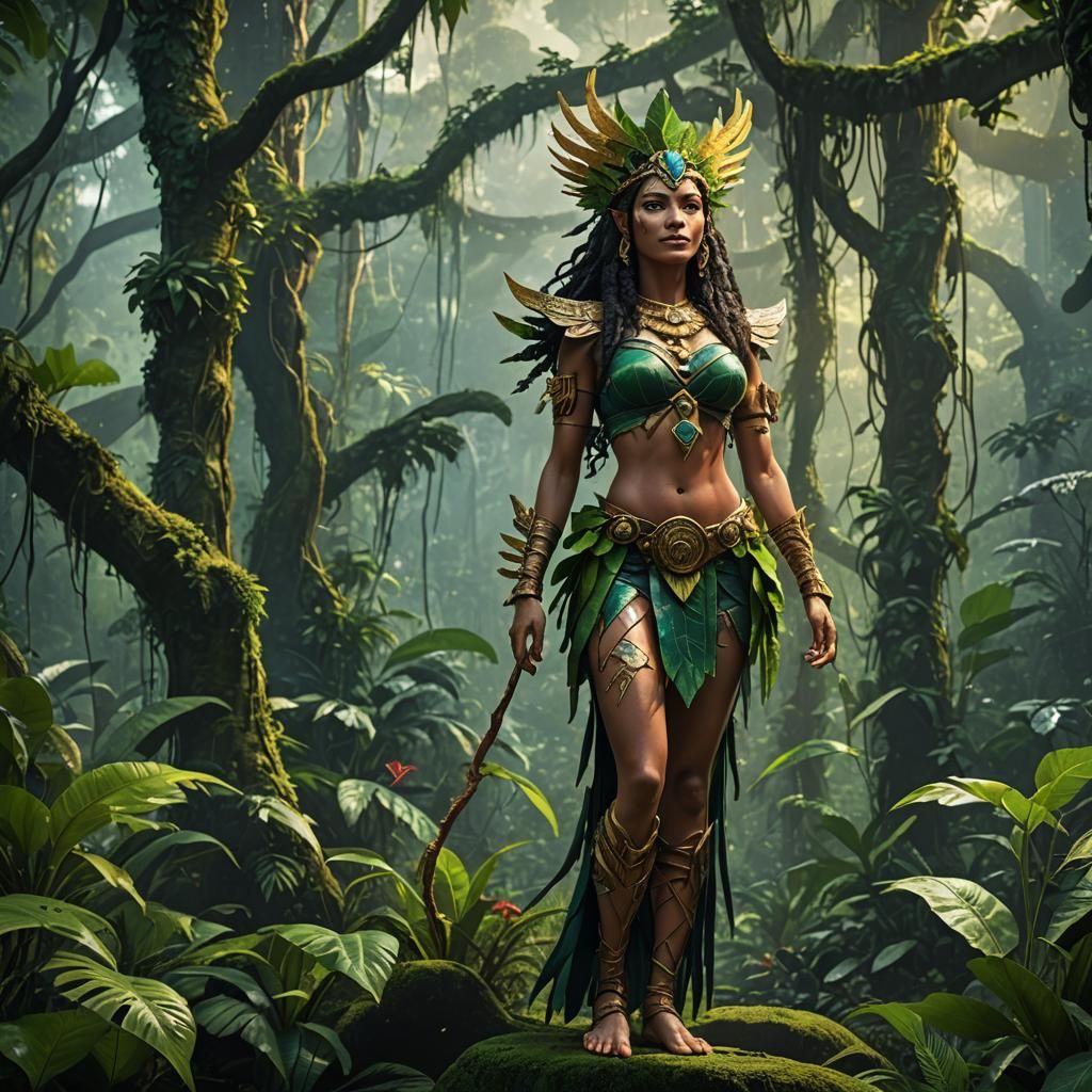 Amazon Goddess in Rainforest: Detailed Matte Painting