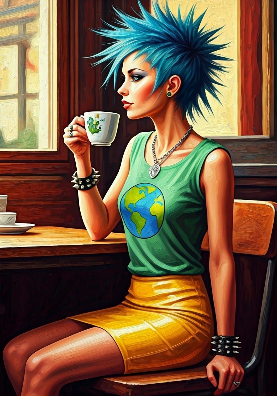 Cyberpunk Beauty in a Serene Cafe