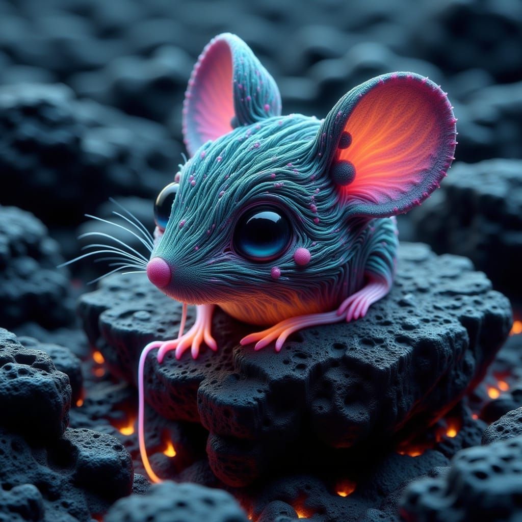 Biomechanical Chibi Mouse Blossoms on Obsidian Island in Dre...