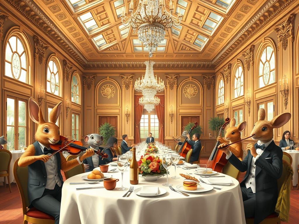 Elegant Dining Hall Whimsy: Rabbits and Mice Play Classical....