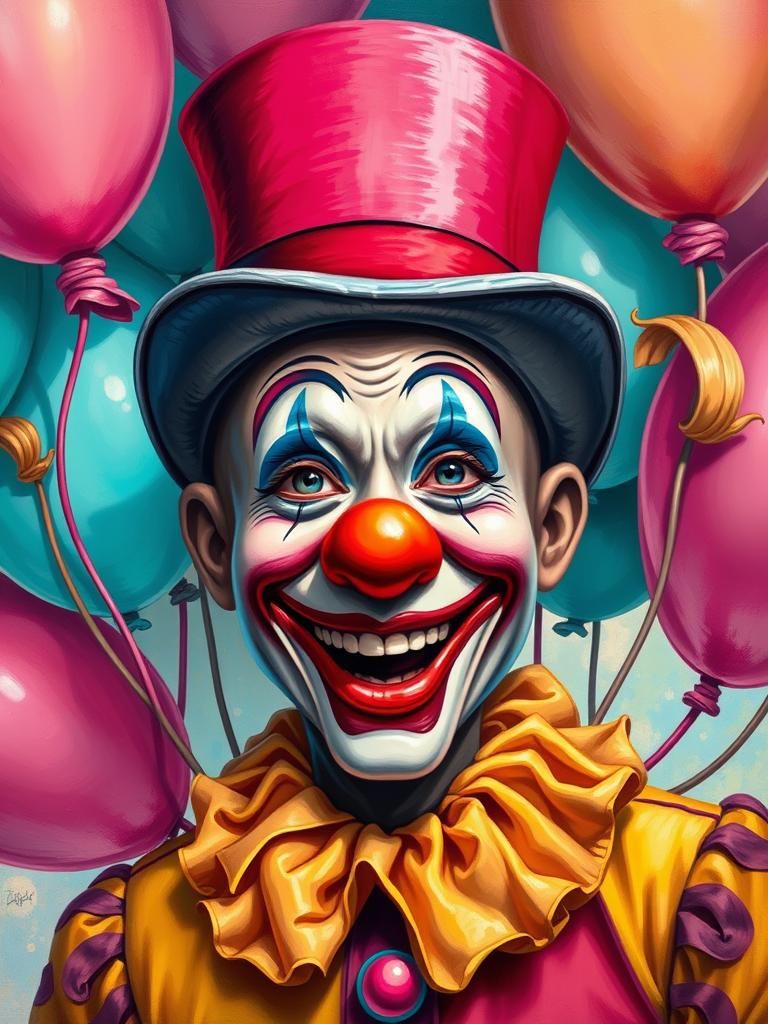 Joyous Clown Portrait with Colorful Balloons