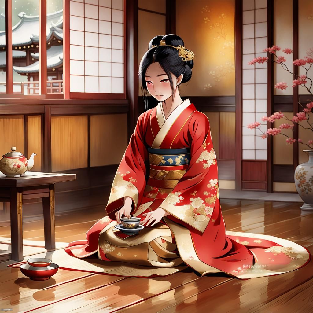 Kitsune Woman in Ancient Japanese House, Anime Style