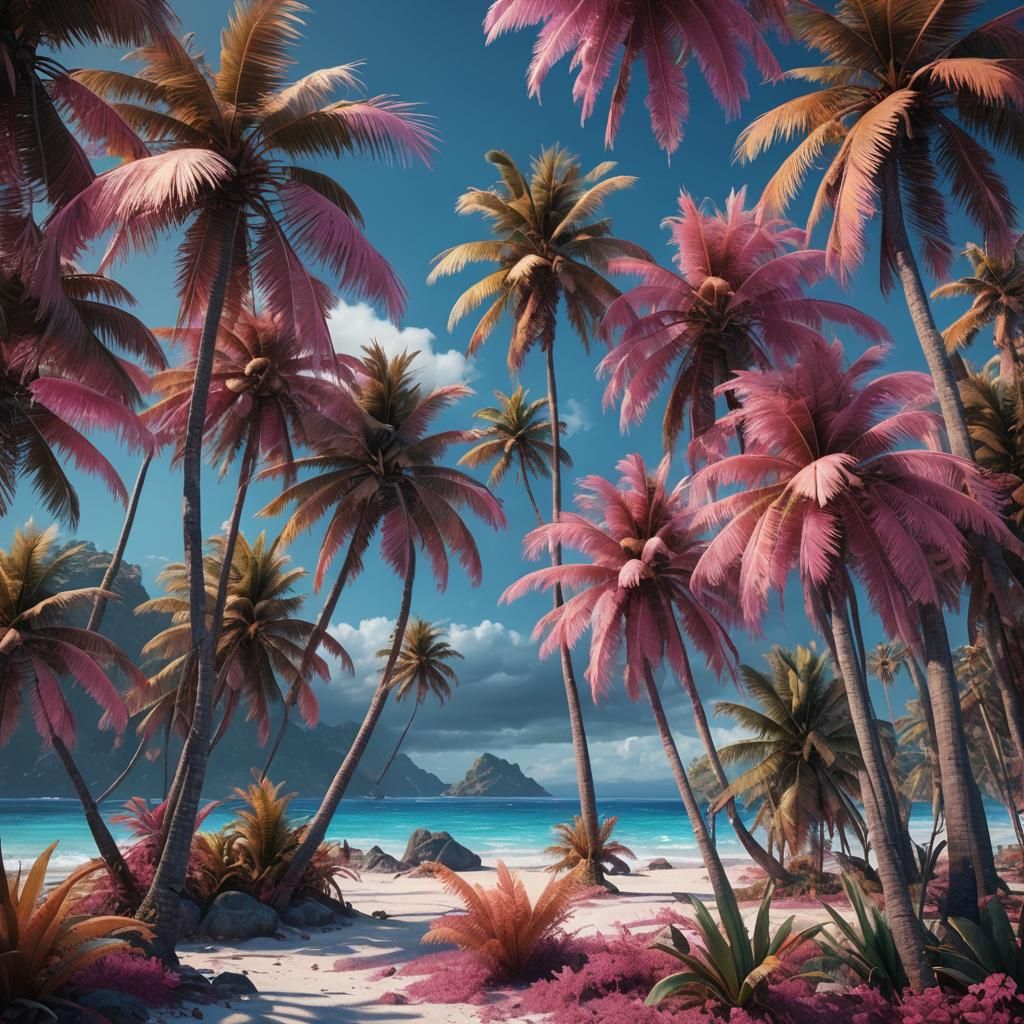 Autumnal Palms on Pink Beach: Fantasy Concept Art