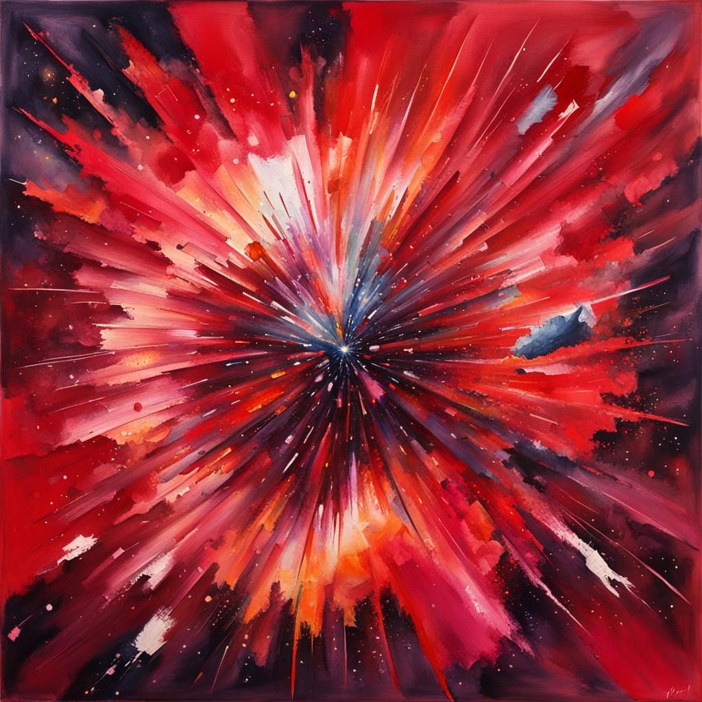 Red Big Bang: Gouache and Watercolor Masterpiece