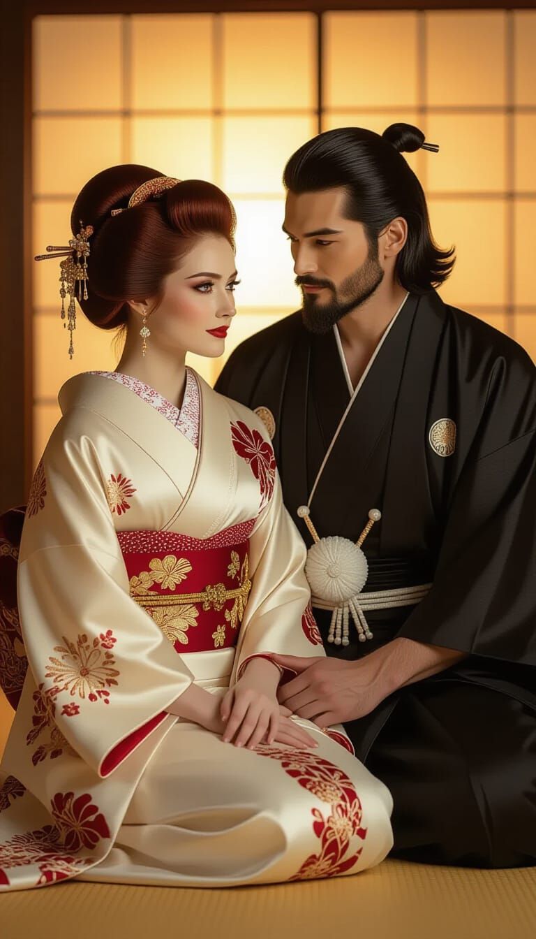 Loving Couple in Kimonos, Inspired by Simon Stalenhag