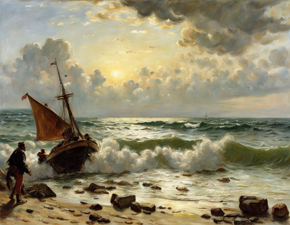 Detailed Seascape Painting in the Style of Meissonier