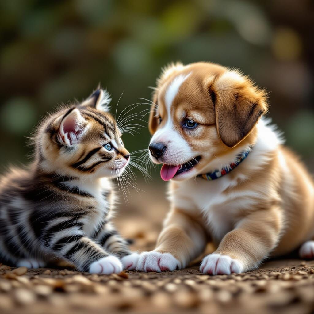 Kitten and Puppy Play Together in Moody Cinematic Scene