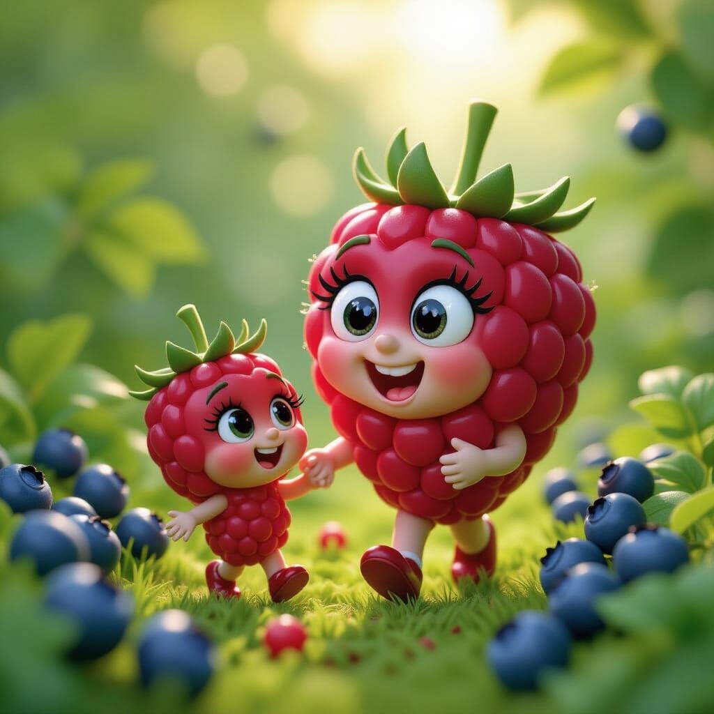Claymation Raspberry Character Holding Baby Raspberry in Blu...