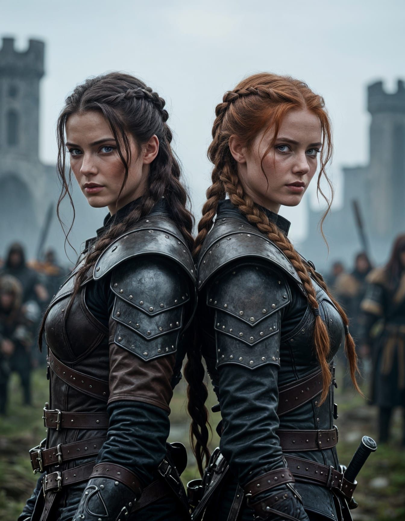 Two Fierce Female Warriors Stand Back to Back