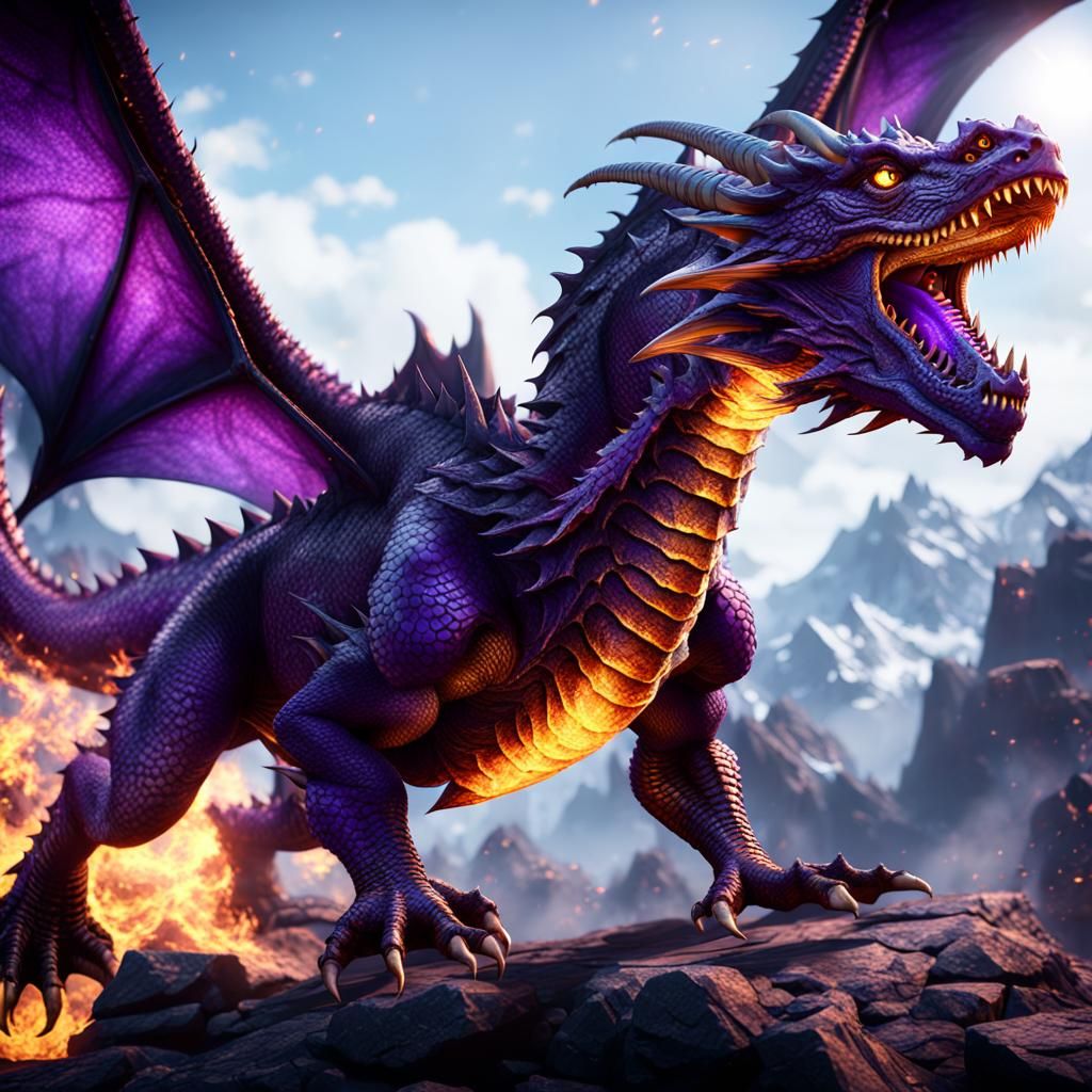 Purple Fire-Breathing Wyrm Dragon in 3D