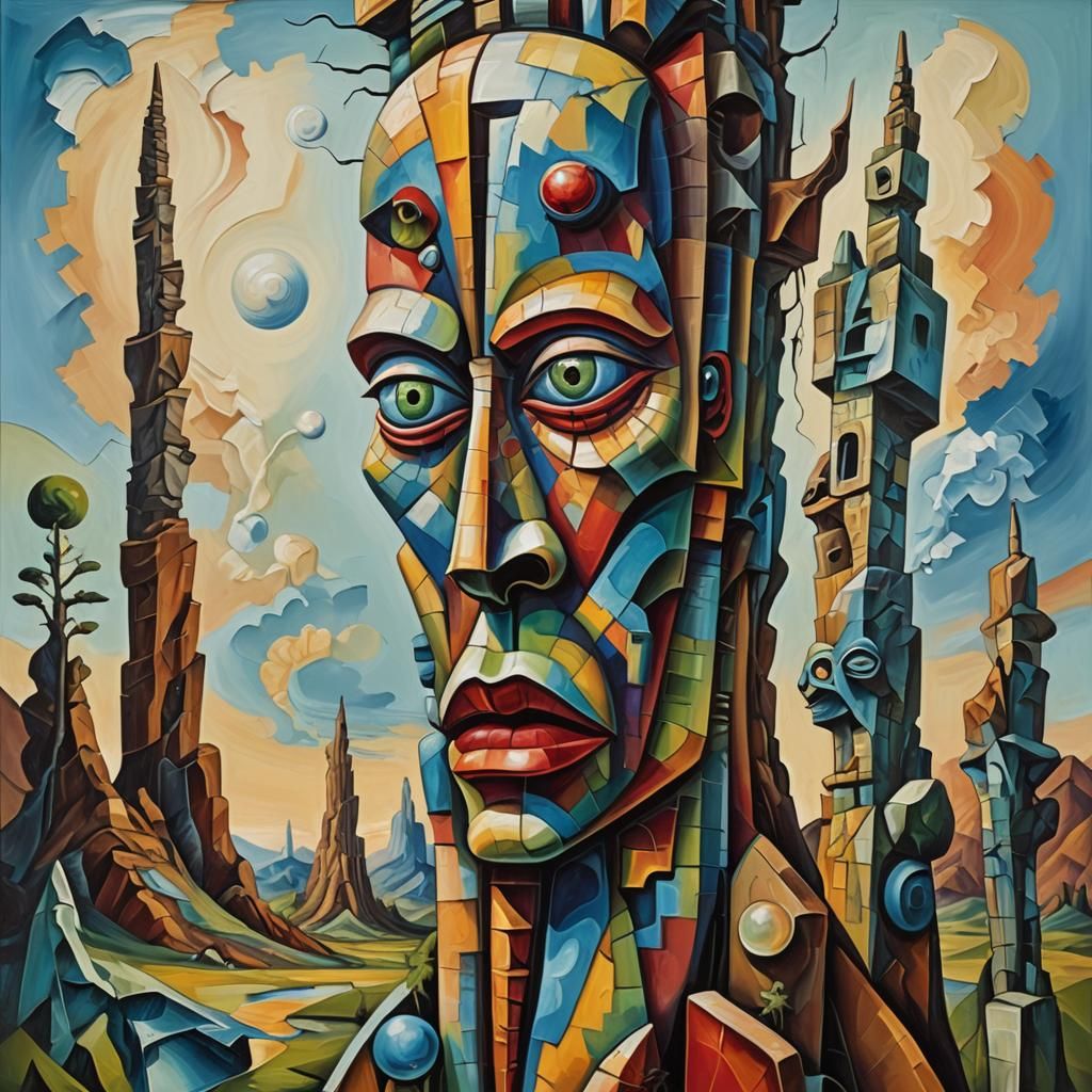 Melting Alien Totem in Surreal Cubism Style