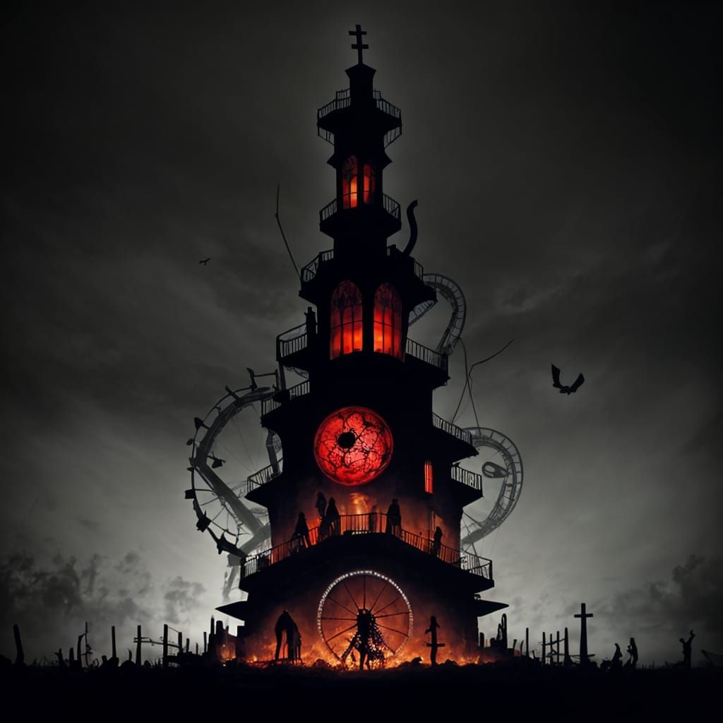 Dark Theme Park in Woodcut Style