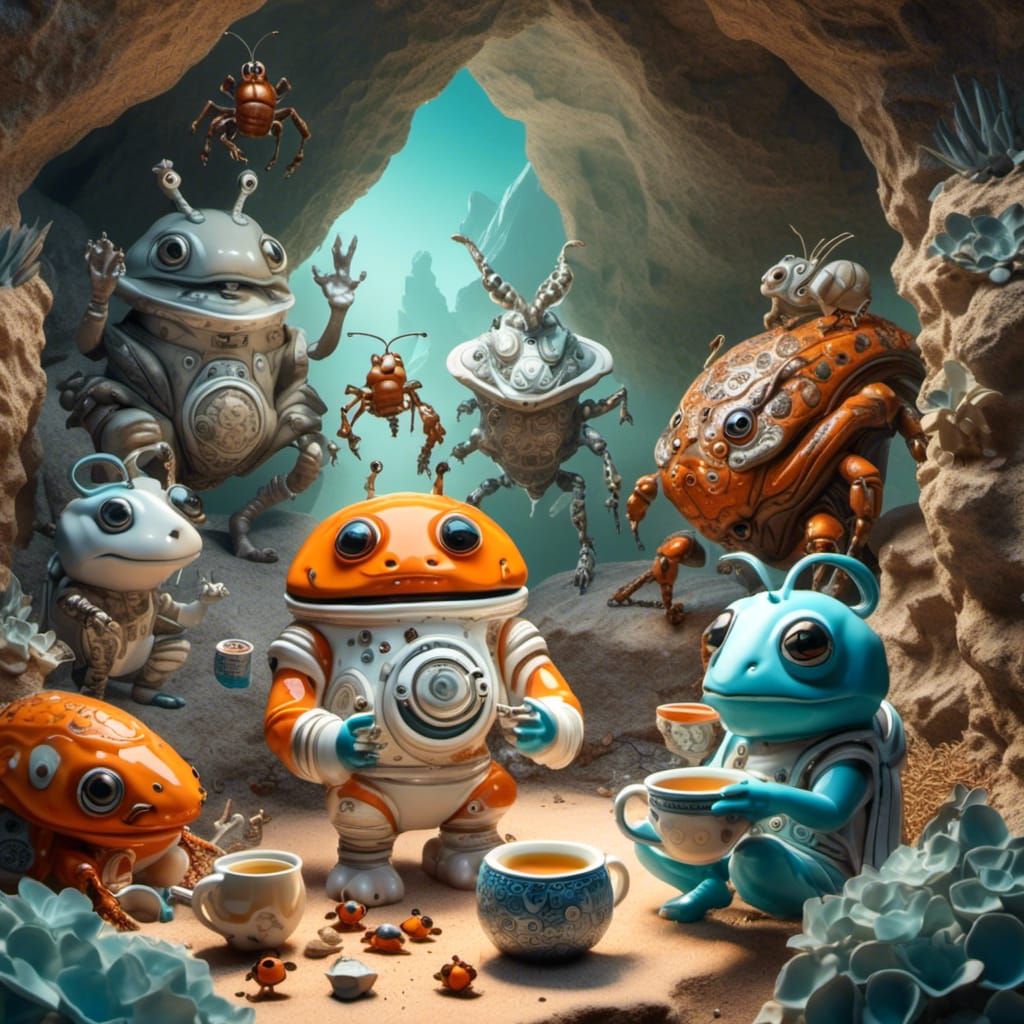 Astronaut's Tea Party with Curious Bug Aliens