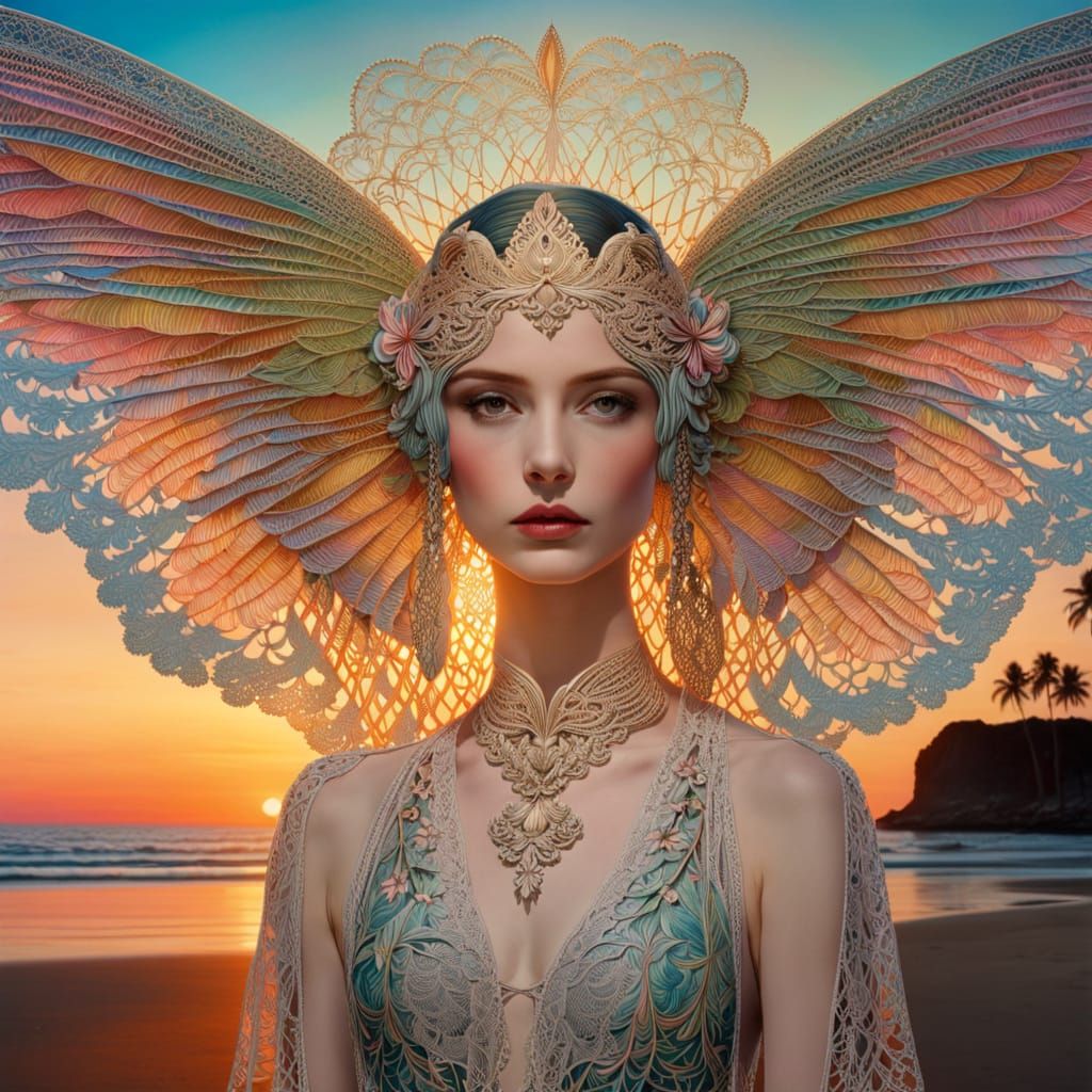 portrait young beautiful striking woman lace slip intricate latticework hyper detailed polychromatic angel wings, lush t...