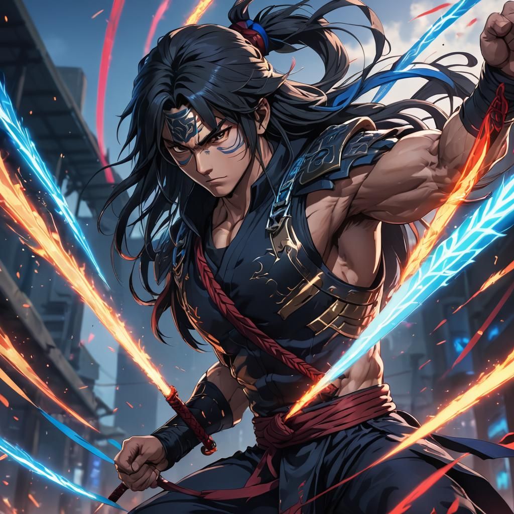 Muscular Ninja Warrior Throwing Shurikens in Anime Style