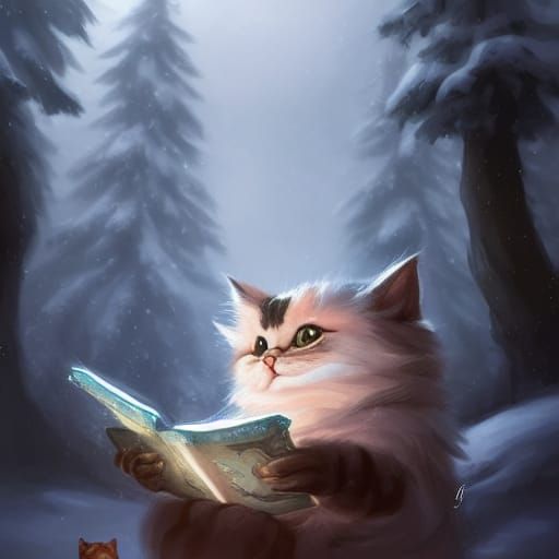 Adorable Cat in Snowy Forest: Fantasy Digital Art