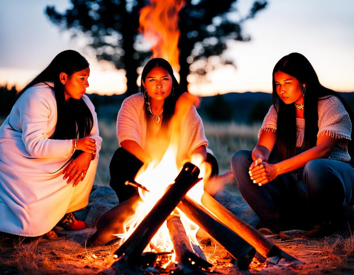 Native American Women Around Bonfire